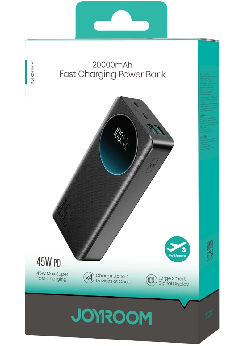 Joyroom JR-PBF02 Pro External Battery, 20000mAh, 45W, QC + PD, 2 x USB-A - 2 x USB-C, Black