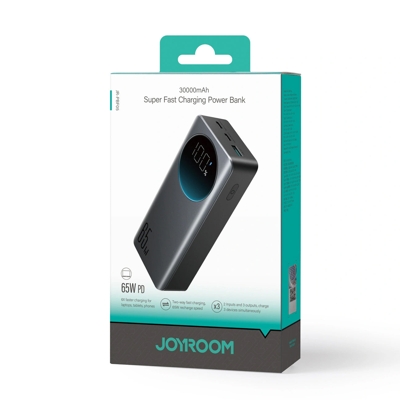 Joyroom JR-PBF05 Pro External Battery, 30000mAh, 65W, QC + PD, 1 x USB-A - 2 x USB-C, Black