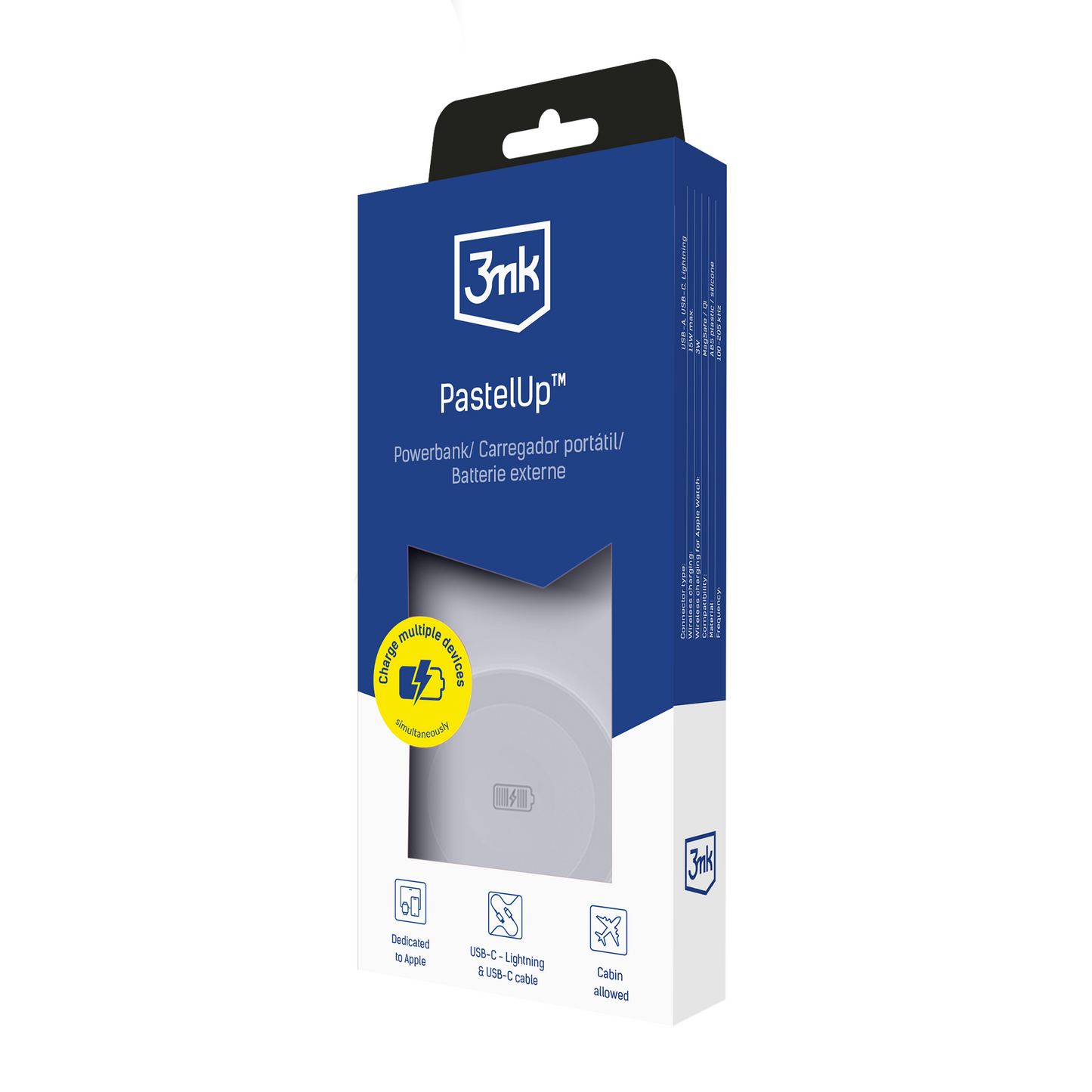 3MK PastelUp Wireless External Battery, 10000mAh, 22.5W, QC + PD + FQI, 1 x USB-A - 1 x USB-C - 2 x QI, White