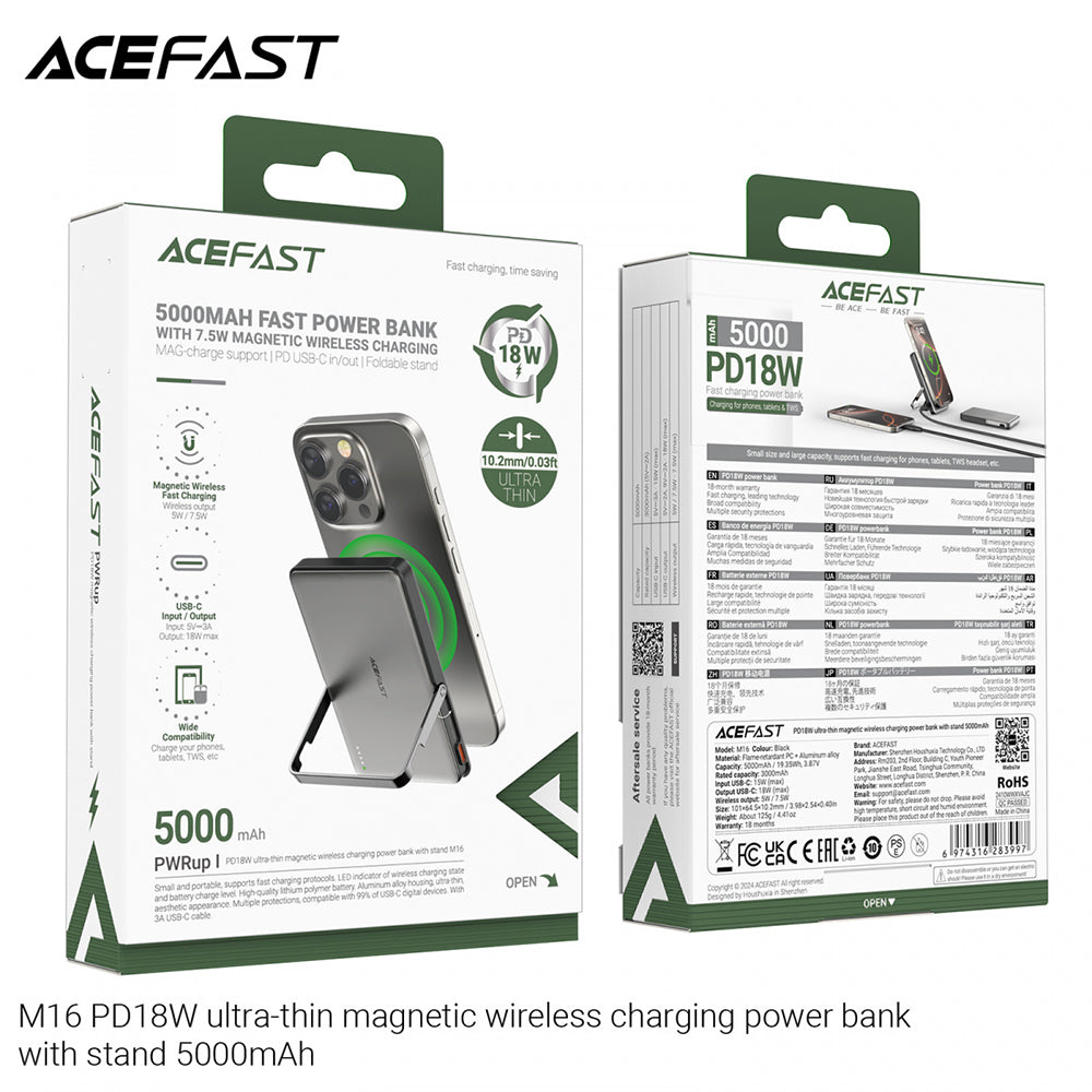 Acefast M16 Wireless External Battery, 5000mAh, 18W, PD + FQI, 1 x QI - 1 x USB-C, Black