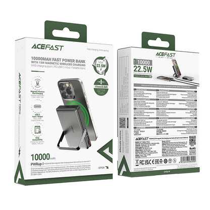 Acefast M17 Wireless External Battery, 10000mAh, 22.5W, PD + FQI, 1 x QI - 1 x USB-C, Black