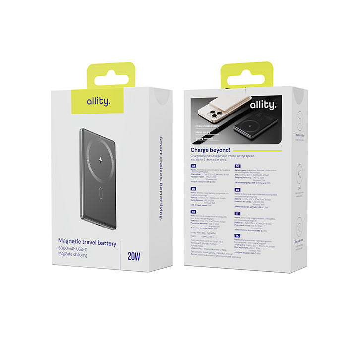 Allity Wireless External Battery. APB-300, 5000mAh, 20W, PD + QC, 1 x QI - 1 x USB-C, Gray