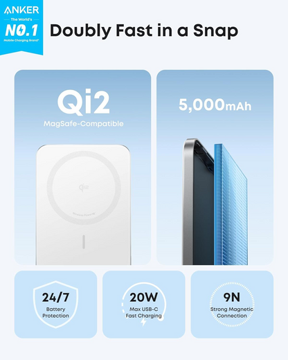 Anker Nano Wireless External Battery, 5000mAh, 20W, PD + FQI, 1 x QI - 1 x USB-C, White A1665H21