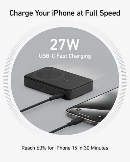 Anker MagGo Wireless External Battery, 10000mAh, 27W, PD + FQI, 1 x QI - 1 x USB-C, Black A1654011