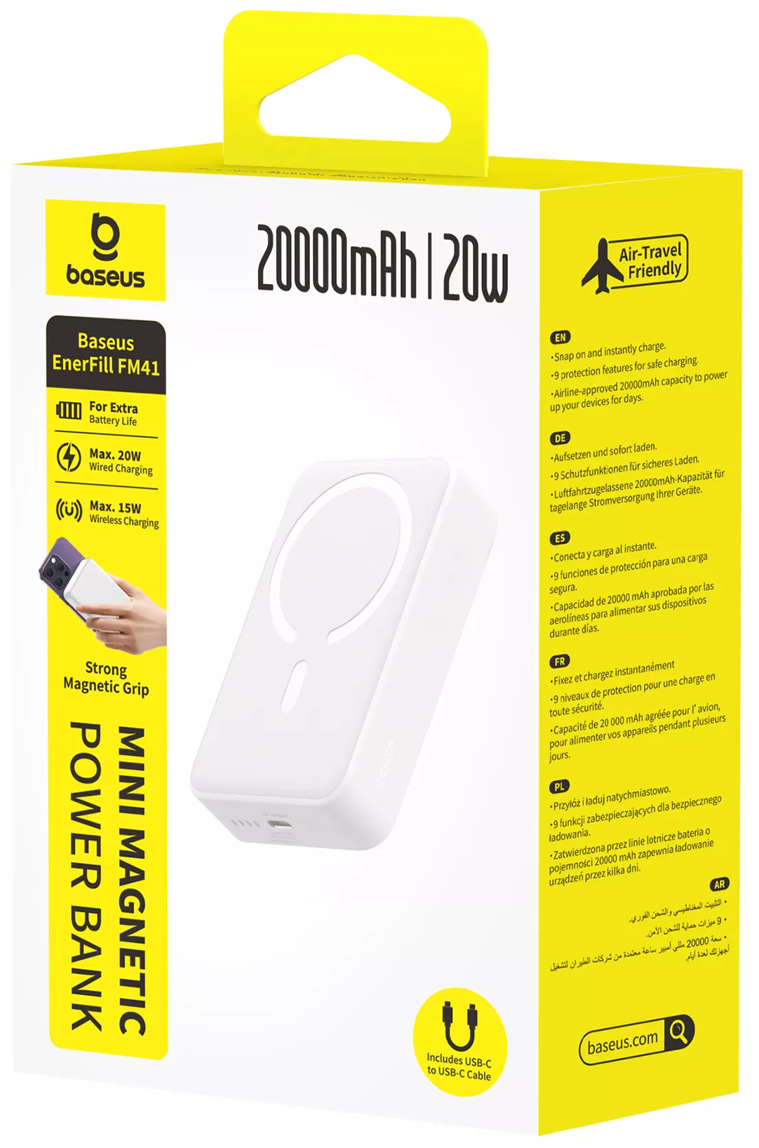 Baseus EnerFill FM41 Mini Wireless External Battery, 20000mAh, 20W, PD + FQI, 1 x QI - 1 x USB-C, White E0027U01