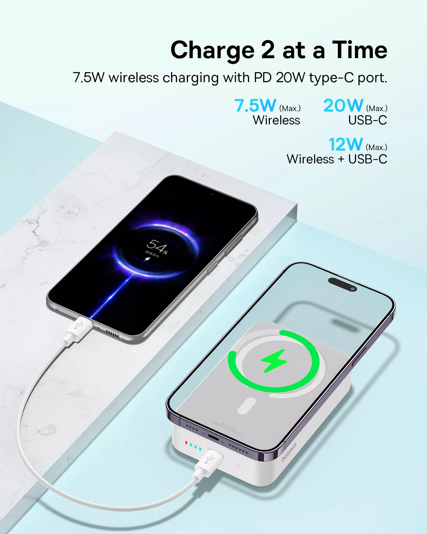 Baseus EnerFill FM41 Mini Wireless External Battery, 20000mAh, 20W, PD + FQI, 1 x QI - 1 x USB-C, White E0027U01