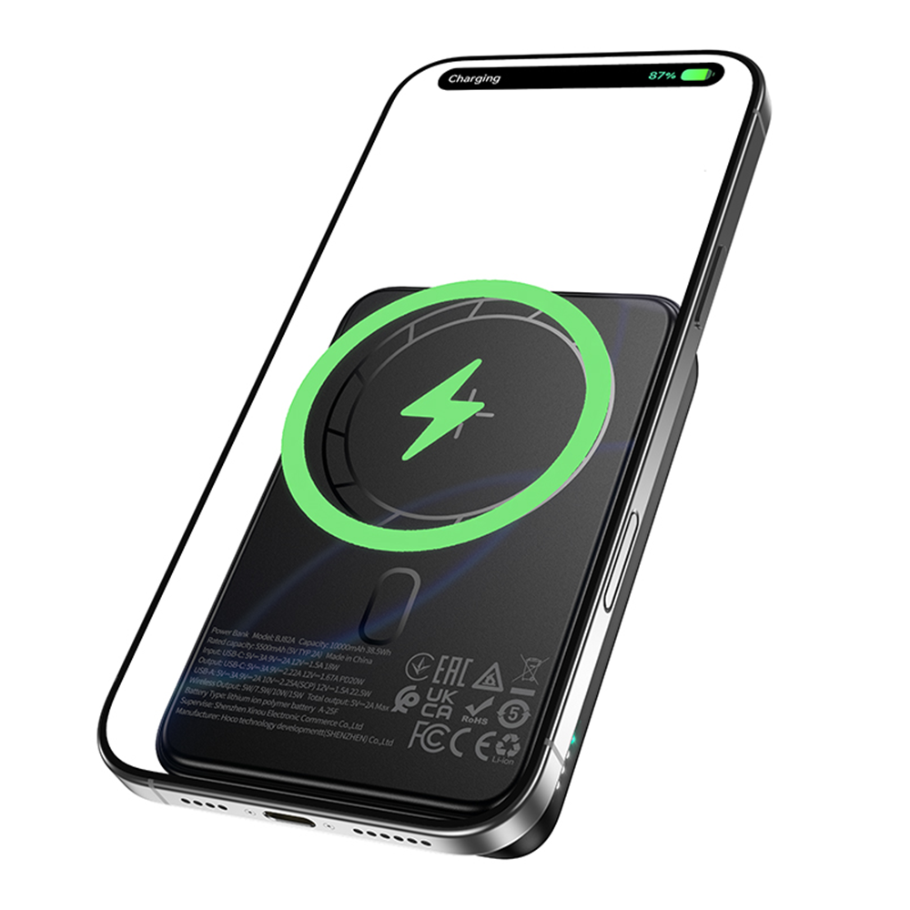 Borofone BJ82A Dawn Wireless External Battery, 10000mAh, 22.5W, QC + PD + FQI, 1 x QI - 1 x USB-A - 1 x USB-C, Black