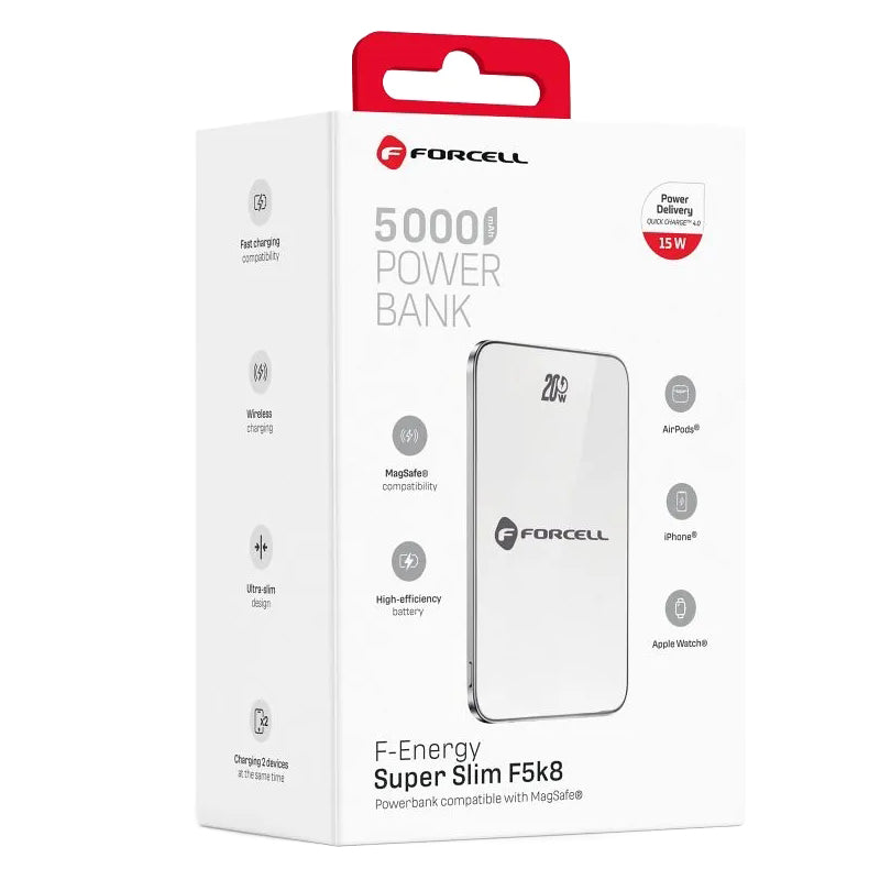 Forcell F5K8 Wireless External Battery, 5000mAh, 15W, PD + FQI, 1 x QI - 1 x USB-C, White