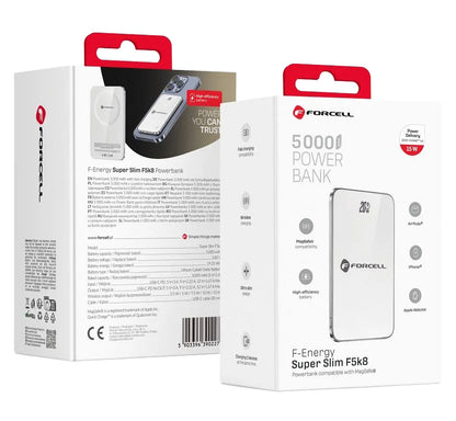 Forcell F5K8 Wireless External Battery, 5000mAh, 15W, PD + FQI, 1 x QI - 1 x USB-C, White