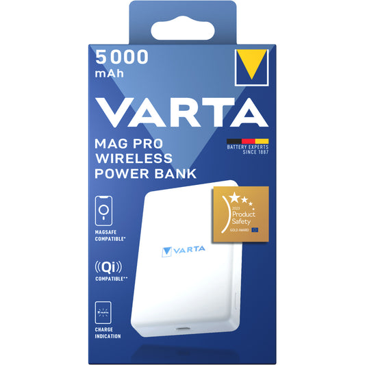 Varta Mag Pro Wireless External Battery, 5000mAh, 12W, 1 x QI - 1 x USB-C, White