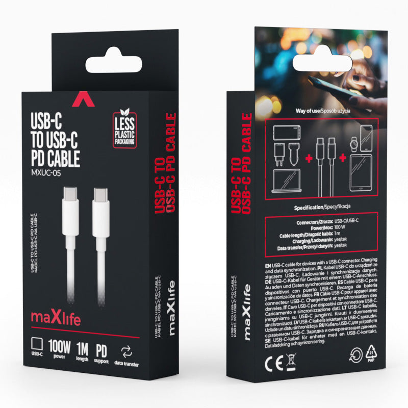 USB-C Data and Charging Cable - USB-C MaXlife MXUC-05, 100W, 1m, White