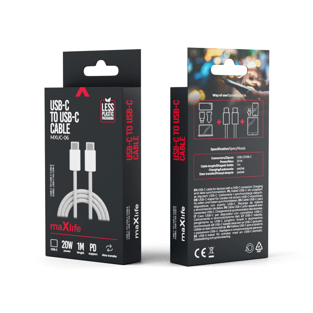 USB-C Data and Charging Cable - USB-C MaXlife MXUC-06, 20W, 1m, Gray