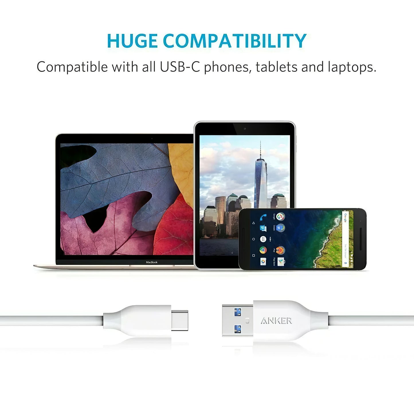Data and Charging Cable USB-A - USB-C Anker PowerLine, 18W, 0.9m, White A8163021 