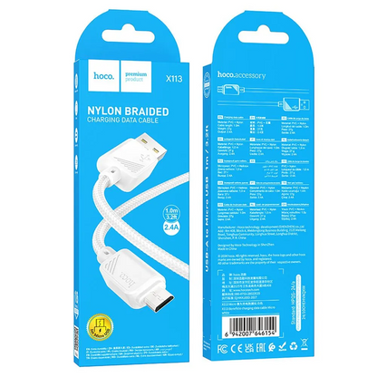 USB-A to microUSB Data and Charging Cable HOCO X113, 18W, 1m, White