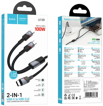 USB-C Data and Charging Cable - 2 x USB-C HOCO U139 2in1, 100W, 1.2m, Black