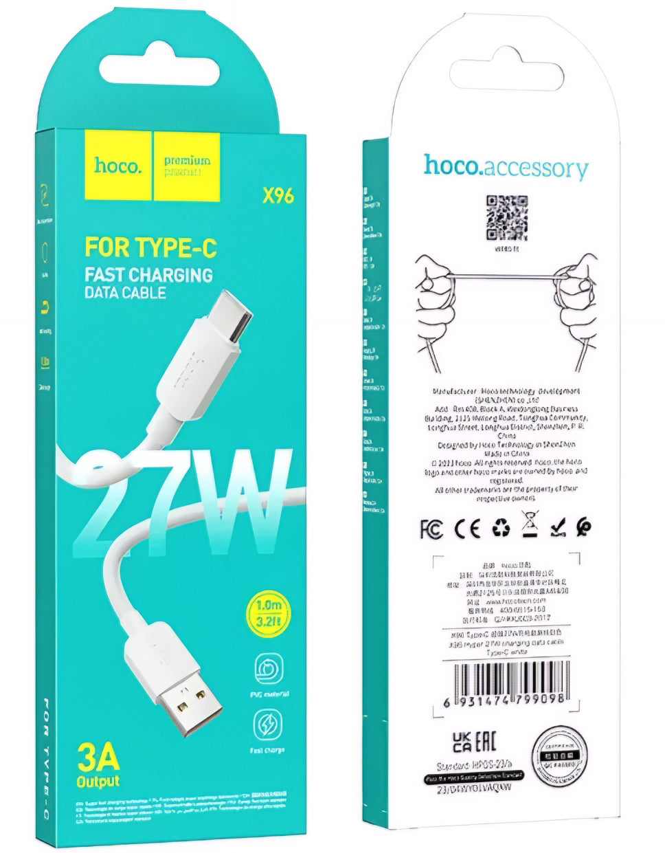 USB-A to USB-C Data and Charging Cable HOCO X96, 27W, 1m, White
