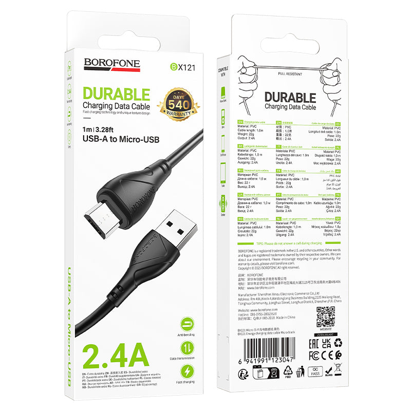 USB-A to microUSB Data and Charging Cable Borofone BX121 Energy, 18W, 1m, Black