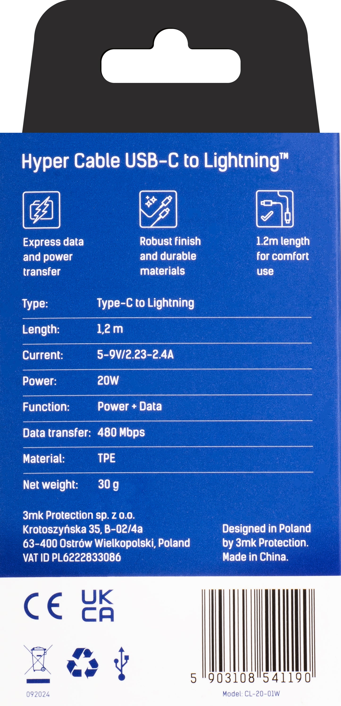 USB-C to Lightning Data and Charging Cable 3MK Hyper, 20W, 1.2m, White