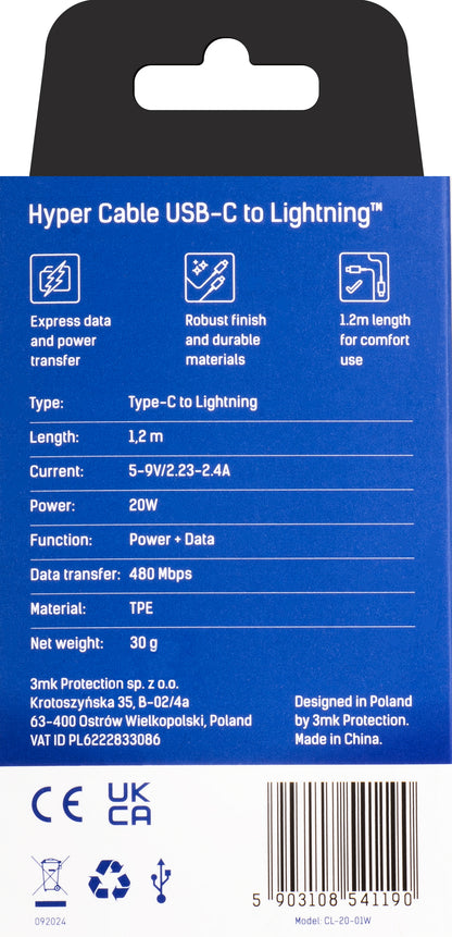 USB-C to Lightning Data and Charging Cable 3MK Hyper, 20W, 1.2m, White