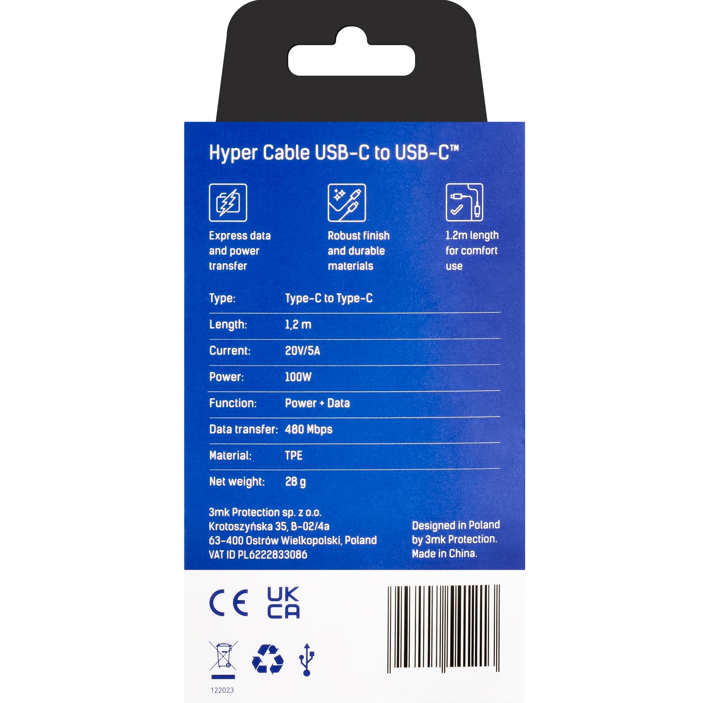 USB-C Data and Charging Cable - USB-C 3MK Hyper, 100W, 1.2m, Black