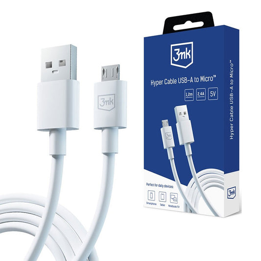 USB-A to microUSB Data and Charging Cable 3MK Hyper, 18W, 1.2m, White