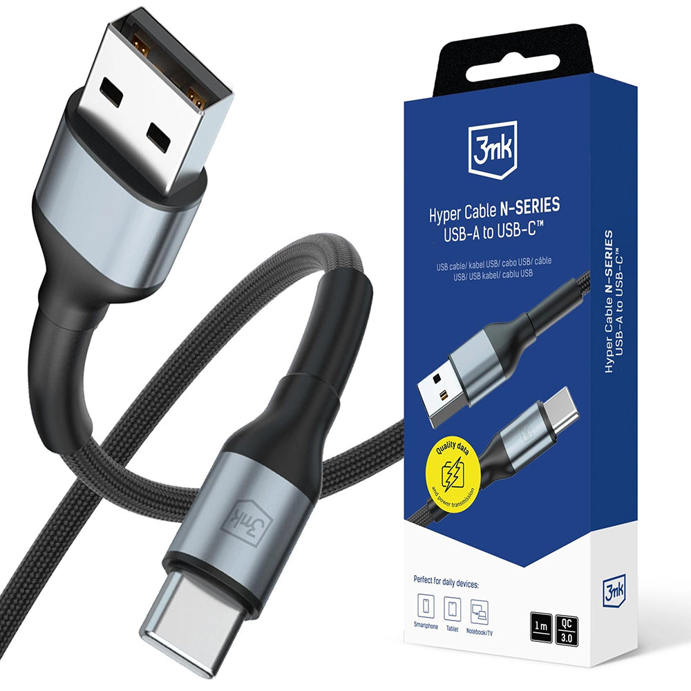 USB-A to USB-C Data and Charging Cable 3MK Hyper N, 18W, 1m, Black