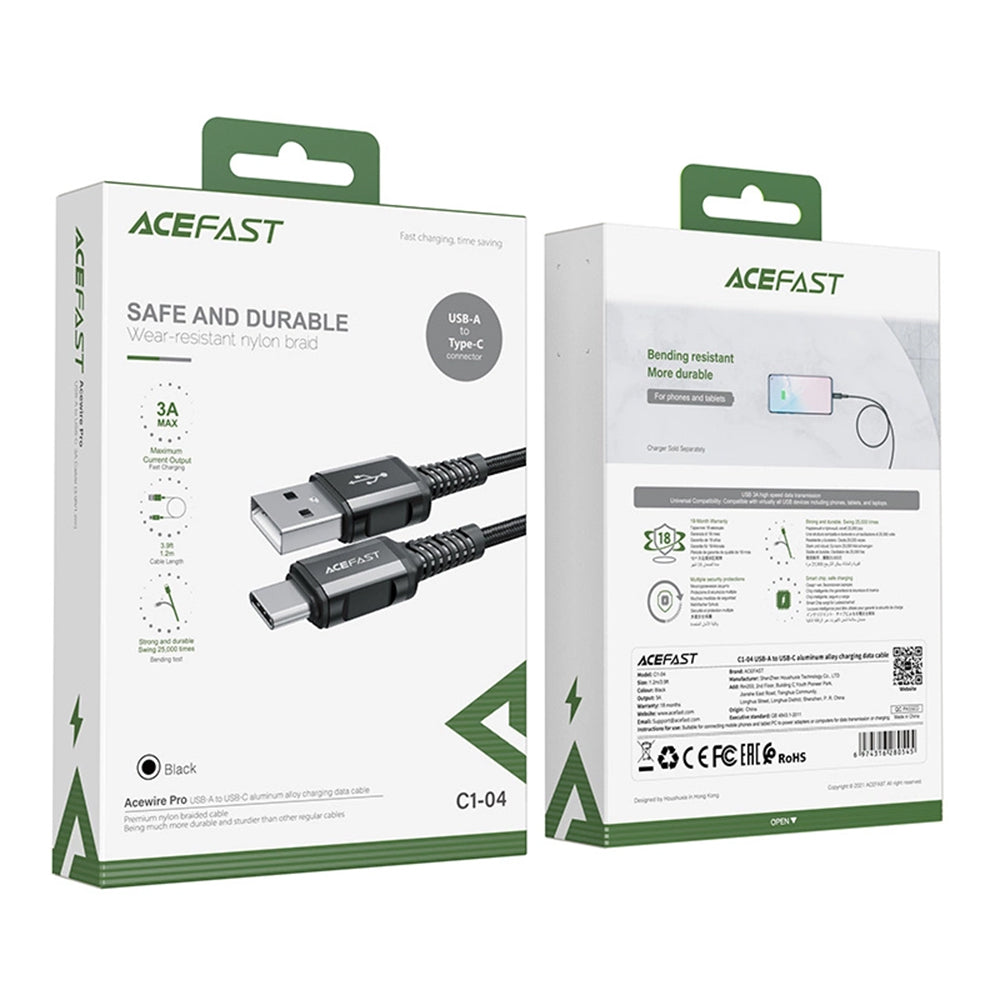 USB-A to USB-C Data and Charging Cable Acefast C1-04, 18W, 1.2m, Black