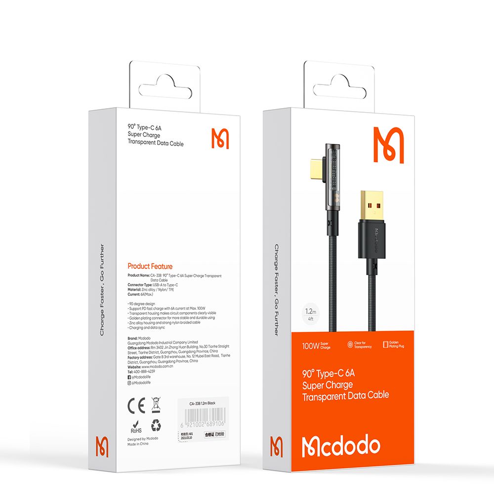 USB-A to USB-C McDodo CA-3380 Angled Data and Charging Cable, 100W, 1.2m, Black