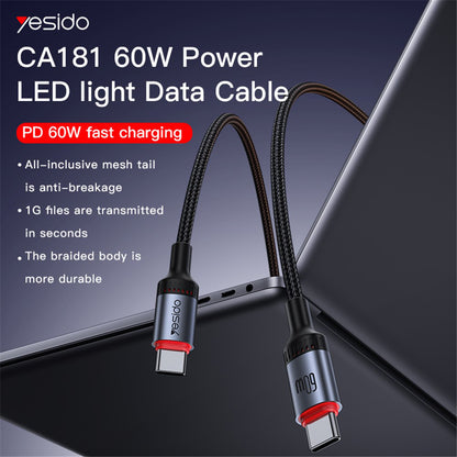 USB-C Data and Charging Cable - USB-C Yesido CA181, 60W, 1.2m, Black