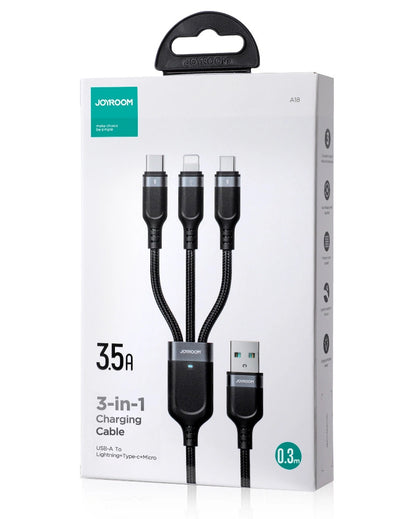 USB-A Charging Cable - Lightning / microUSB / USB-C Joyroom S-A18 3in1, 20W, 0.3m, Black