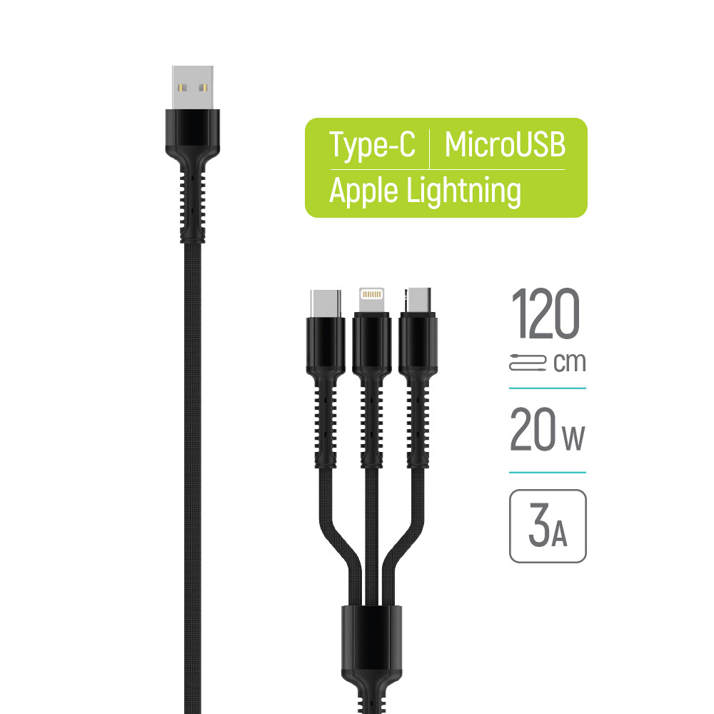 USB-A Charging Cable - Lightning / microUSB / USB-C ColorWay CW-CBU3003, 20W, 1.2m, Gray