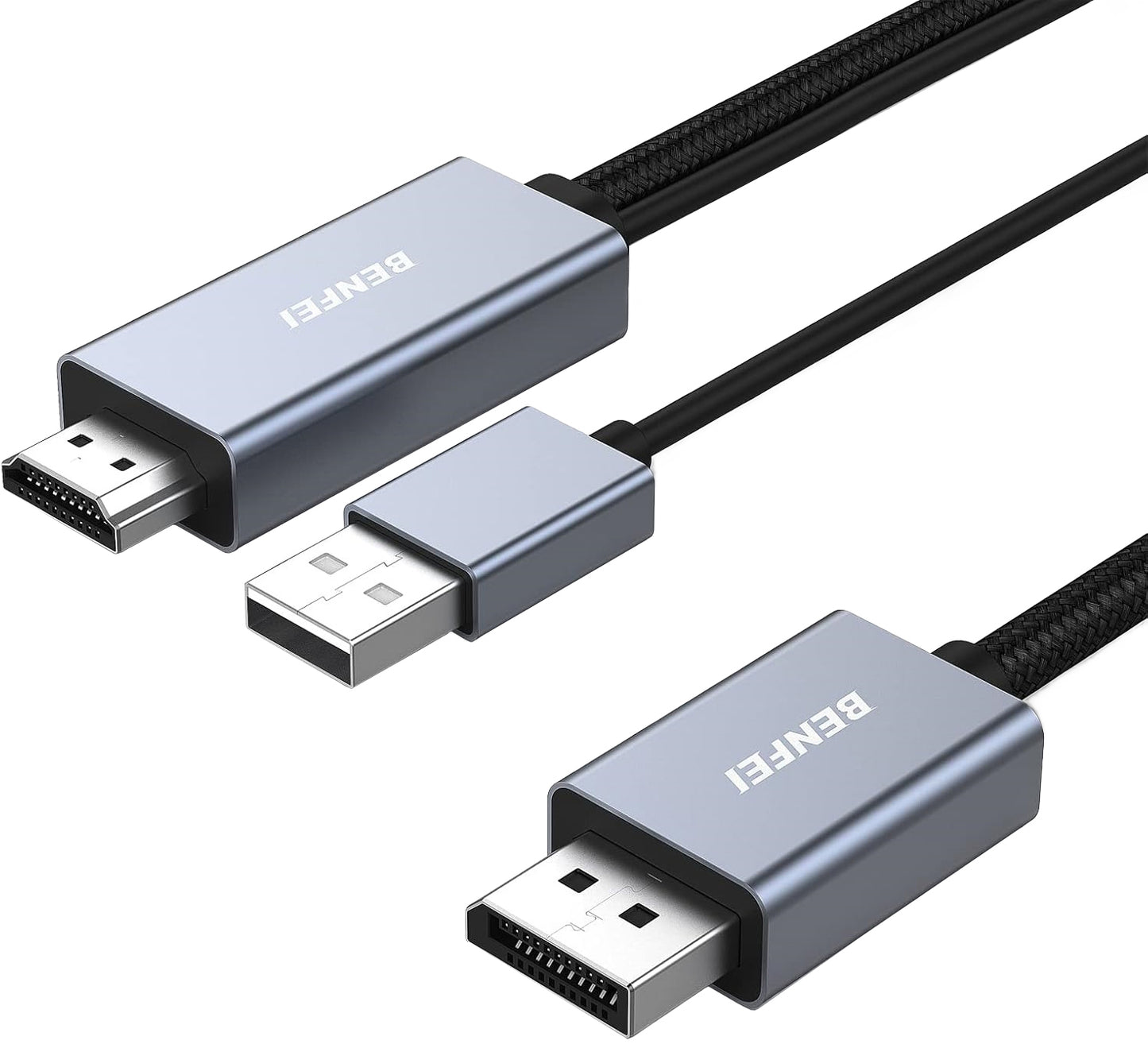 Benfei Video Cable, HDMI / USB-A - DisplayPort, 4K, 1.8m, Gray