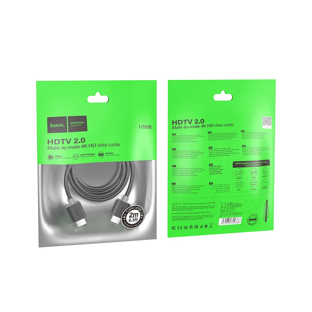 HOCO US08 Video Cable, HDMI - HDMI, 4K, 2m, Black
