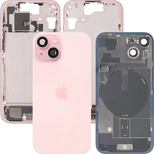 Apple iPhone 15 Battery Cover, With Middle Case, Full Parts, Pink, Premium Swap