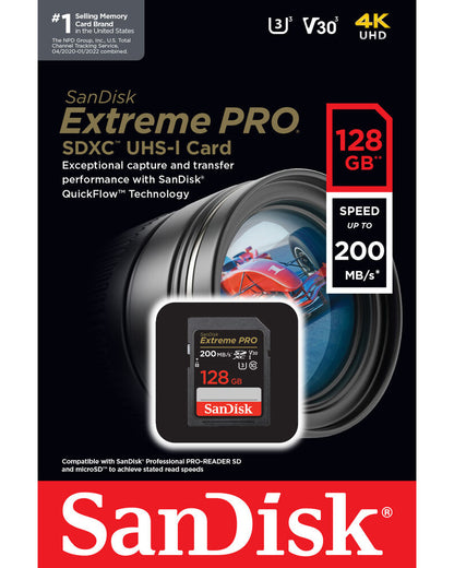 SDXC SanDisk Extreme Pro Memory Card, 128GB, Class 10 / UHS-1 U3 SDSDXXD-128G-GN4IN