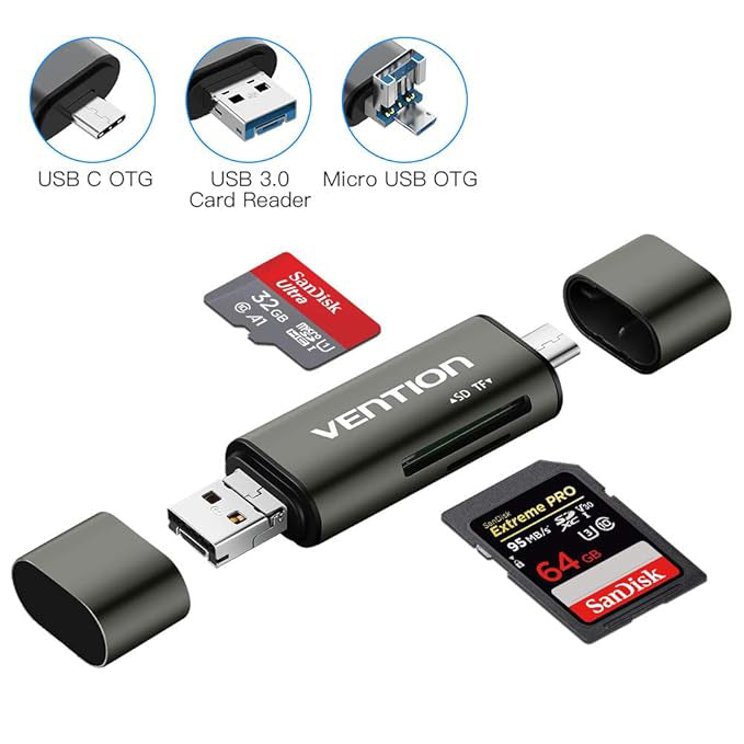 USB / USB-C / microUSB Card Reader Vention, SD - microSD, Gray CCJH0