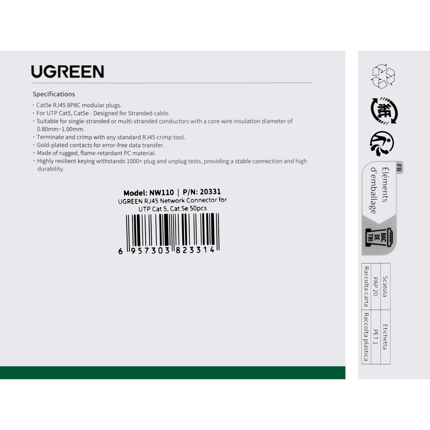 Network Connector UGREEN NW110, RJ45, Cat5, Set 50 pieces 