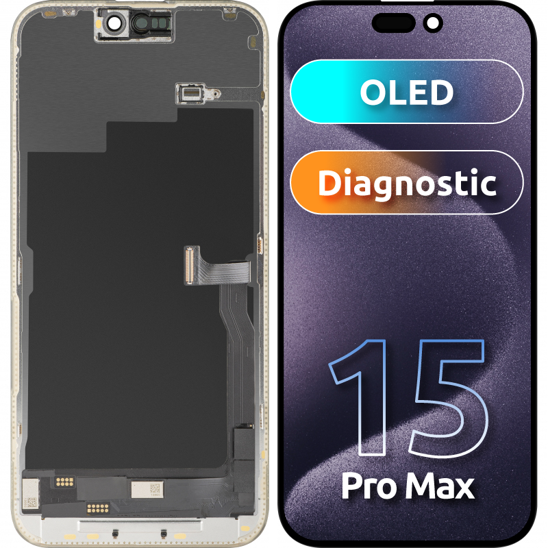MP Touchscreen Display compatible with Apple iPhone 15 Pro Max, with Frame, OLED FHD Diagnostic Version, Black, Refurbished