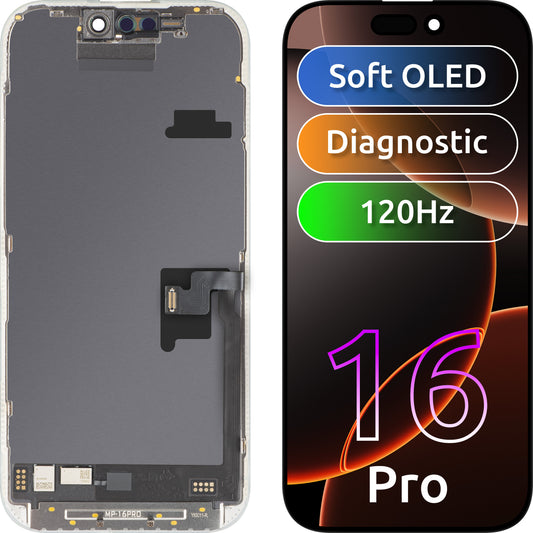 MP Touchscreen Display compatible with Apple iPhone 16 Pro, with Frame, OLED FHD 120Hz Diagnostic Soft Version, Black