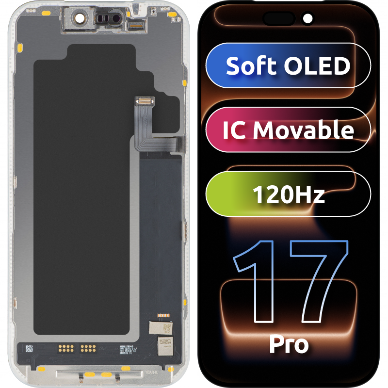 MP Touchscreen Display compatible with Apple iPhone 17 Pro, with Frame, Soft OLED FHD 120Hz IC Movable Version, Black