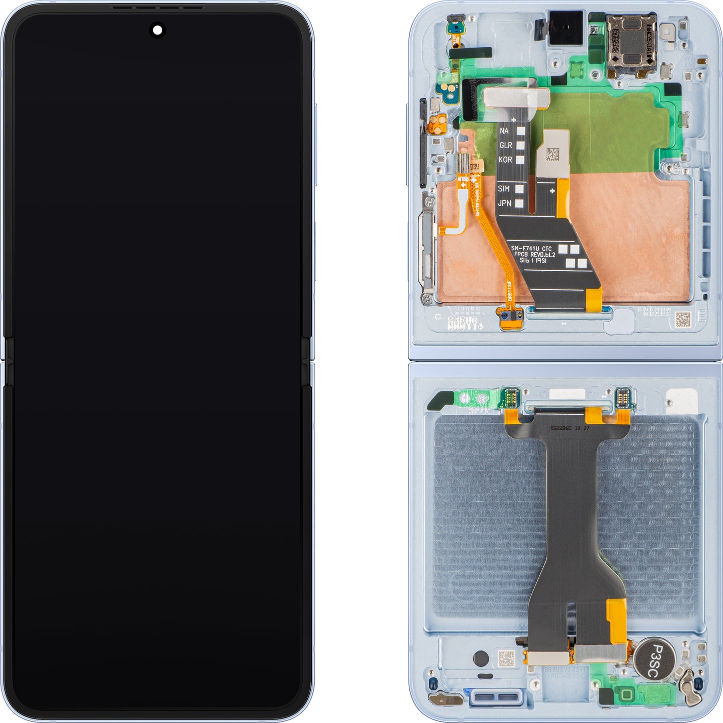 Samsung Galaxy Z Flip6 F741 Display with Touchscreen, Frame, Under Inner, Blue, Service Pack GH82-35014C