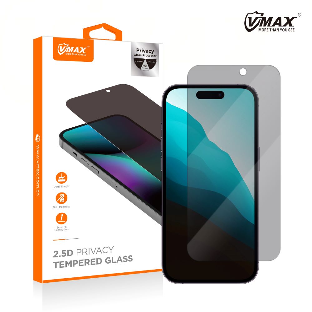 Privacy Vmax Screen Protector for Apple iPhone 16 Pro Max, Tempered Glass, Full Glue, 2.5D