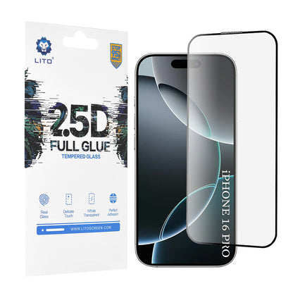 Lito Screen Protector for Apple iPhone 17 / 16 Pro, Tempered Glass, Full Glue, 2.5D, Black