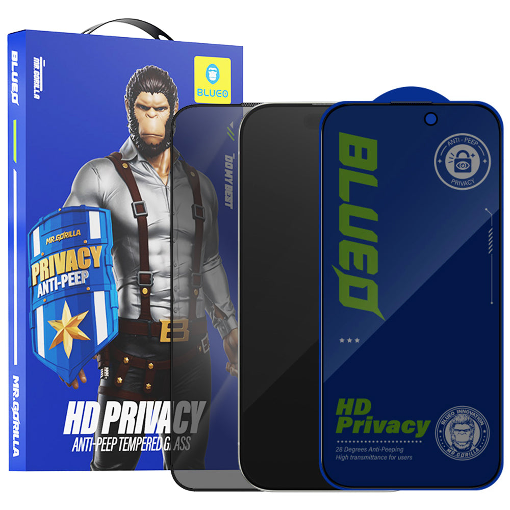 Blueo Anti-Peep Privacy Screen Protector Film for Apple iPhone 15 Pro Max, Tempered Glass, Full Glue