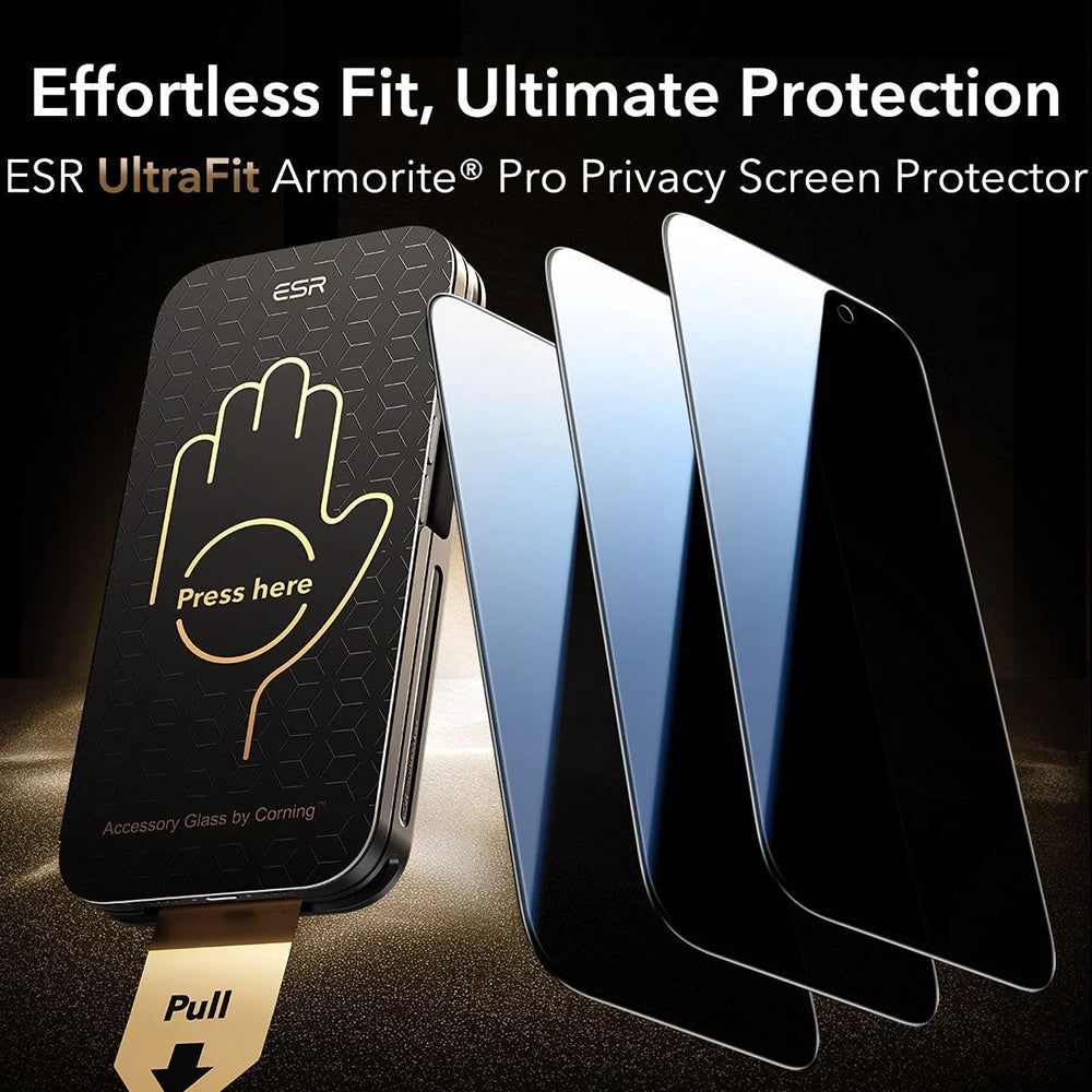 Privacy Screen Protector ESR UltraFit Armorite Pro for Apple iPhone 17 Pro Max, Tempered Glass, Full Glue, Set of 3 Pieces