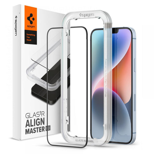 Spigen GlastR Align Master Screen Protector for Apple iPhone 17e / 16e / 14 / 13 Pro, Tempered Glass, Full Glue, Black AGL03725