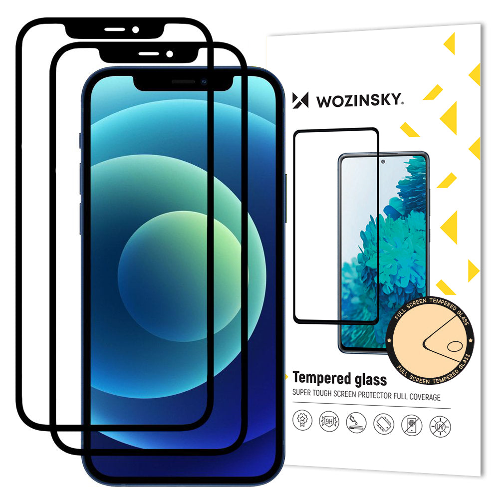WZK Screen Protector for Apple iPhone 12 / 12 Pro, Tempered Glass, Full Glue, Set of 2 Pieces, Case Friendly, Black