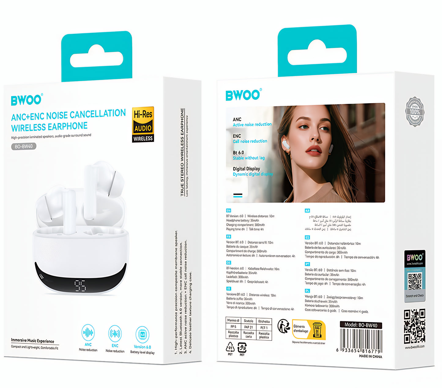 Bluetooth Handsfree BWOO BW40, TWS, ANC, White