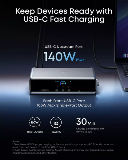 Anker Prime Multifunctional Hub, 3 x USB-A - 4 x USB-C - 1 x Display Port - 2 x HDMI - 1 x 3.5mm Jack - 1 x RJ45 - 1 x SD - 1 x microSD, Gray A83B33A1