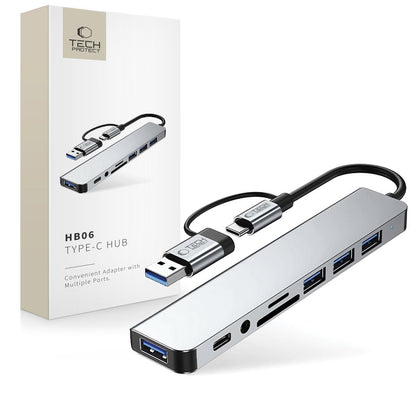 USB / USB-C Hub Tech-Protect HB06, 2 x USB-A 3.0 - 2 x USB-A - 1 x USB-C - 1 x 3.5mm Jack - 1 x SD - 1 x microSD, Gray